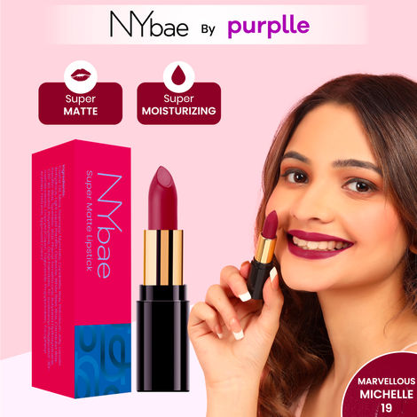 Buy NY Bae Super Matte Lipstick - Marvellous Michelle 19 (4.2 gm) | Maroon | Matte Finish | Enriched with Vitamin E | Rich Colour Payoff | Nourishing | Long lasting | Smudgeproof | Vegan | Cruelty & Paraben Free-Purplle