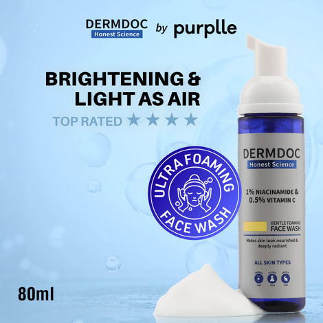 Buy DERMDOC 1% Niacinamide & 0.5% Vitamin C Foaming Face Wash for Glowing Skin (80 ml) | Skin Cleansing | Oily Skin Friendly | Oil-Free Face Wash-Purplle