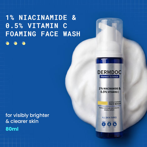 Buy DERMDOC 1% Niacinamide & 0.5% Vitamin C Foaming Face Wash for Glowing Skin (80 ml) | Skin Cleansing | Oily Skin Friendly | Oil-Free Face Wash-Purplle