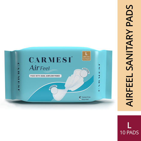 Buy Carmesi Air Feel Sanitary Pads With Dual Airflow Pores - 10 Large Pads | Keeps You Dry, Sweat-Free, Rash-Free & Comfortable | Soft, Lightweight & Ultra-Thin | Super-Absorbent Core | Non-Toxic-Purplle