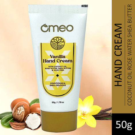 Buy Omeo Vanilla Hand cream infused wiht the Goodness of Cocount Oil, Rose Water, shea butter & Aloe Vera for Intense Hydrating & Moisturization for Men & Women (50 g)-Purplle