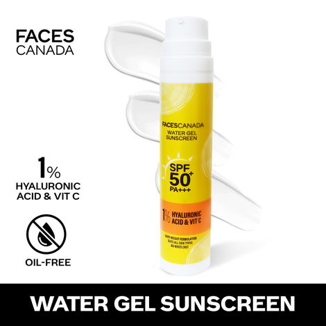 Buy FACES CANADA Water Gel Sunscreen, 50 gm | SPF 50 PA+++ | Protects From UVA, UVB & Blue-Light Rays | 1% Hyaluronic Acid & Vitamin C | Lightweight | No White Cast | Natural Radiant Glow| No Alcohol-Purplle