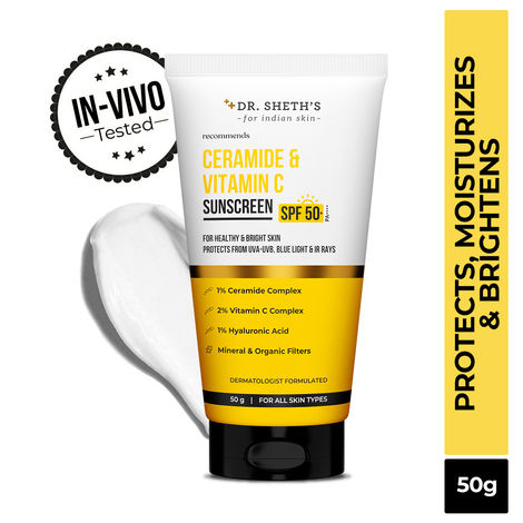Buy Dr. Sheth's Ceramide & Vitamin C Sunscreen SPF 50+ PA++++ |In-Vivo Tested | For Healthy & Bright Skin | Lightweight & Non Greasy | For UVA/UVB & Blue Light & IR Protection | No white cast | For All Skin Types | For Men & Women | 50 gm-Purplle