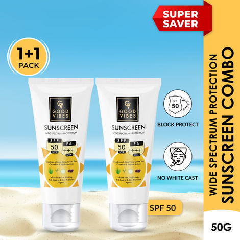 Buy Good Vibes Wide Spectrum Protection Sunscreen with SPF 50: Shield Your Skin from Harmful UV Rays (Pack of 2) (50 gm each)-Purplle