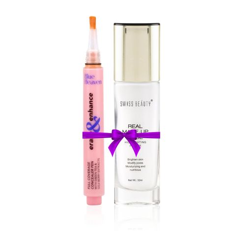 Buy Swiss Beauty Real Makeup Base Highlighting Primer - Golden-Tint (32 ml) + Blue Heaven Erase & Enhance Buildable Coverage Concealer Pen, Toffee special combo-Purplle