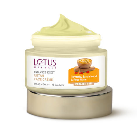 Buy Lotus Herbals Radiance Boost Ubtan Face Cream SPF 20| Turmeric, Sandalwood and Rose Water| Glowing Skin|Reducing Dark Spots| Paraben free|Mineral Oil Free | 50gm-Purplle