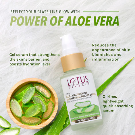 Lotus Herbals Active Aloe + Niacinamide Brightening Boost Serum|Enhances  Radiance & Hydrates Skin|Praben Free| All Skin Types|30ml
