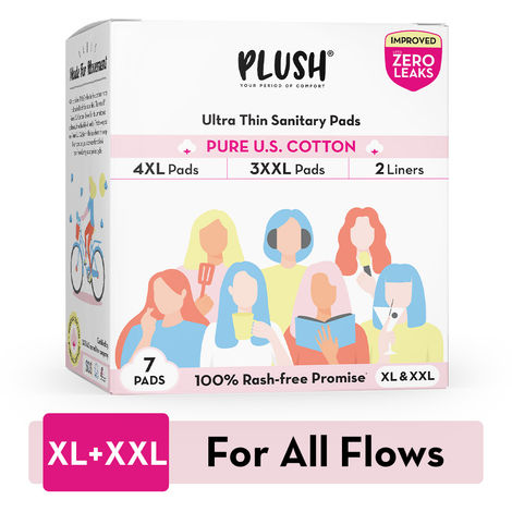 Buy Plush Ultra-Thin Sanitary Pads For Women, 7 Cotton Sanitary Napkins | 3 Heavy Flow XXL pads + 4 Medium Flow XL pads + 2 Panty Liners For Rash Free Periods | Pure U.S. Cotton Pads With Disposable Pouch-Purplle
