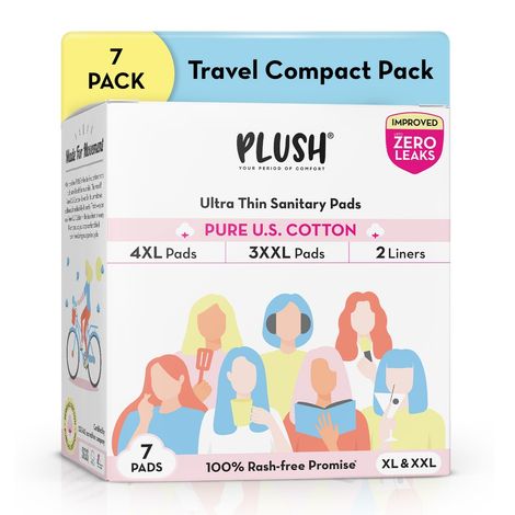 Buy Plush Ultra-Thin Sanitary Pads For Women, 7 Cotton Sanitary Napkins | 3 Heavy Flow XXL pads + 4 Medium Flow XL pads + 2 Panty Liners For Rash Free Periods | Pure U.S. Cotton Pads With Disposable Pouch-Purplle