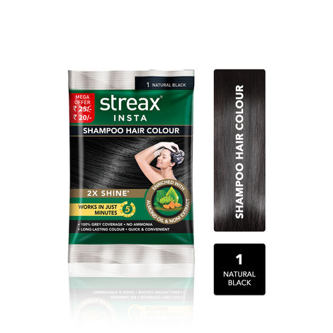 Buy Streax Insta Shampoo Hair colour for 100% Grey Coverage, Natural Black, (18 ml)-Purplle