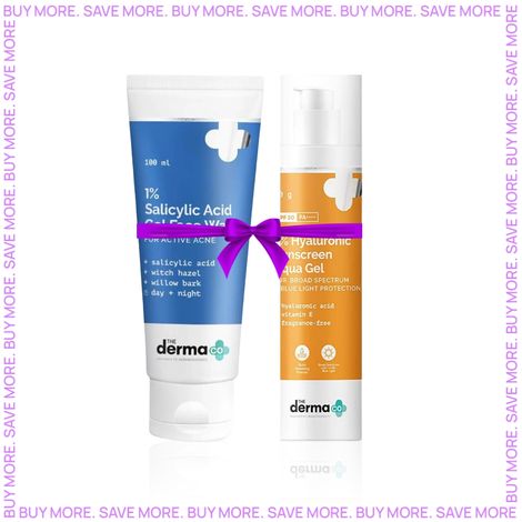 Buy The Derma Co.1% Salicylic Acid Gel Face Wash with Salicylic Acid & Witch Hazel for Active Acne - 100 ml + The Derma Co.1% Hyaluronic Sunscreen Aqua Ultra Light Gel with SPF 50 PA++++ For Broad Spectrum UV A UV B & Blue Light Protection - 50g-Purplle