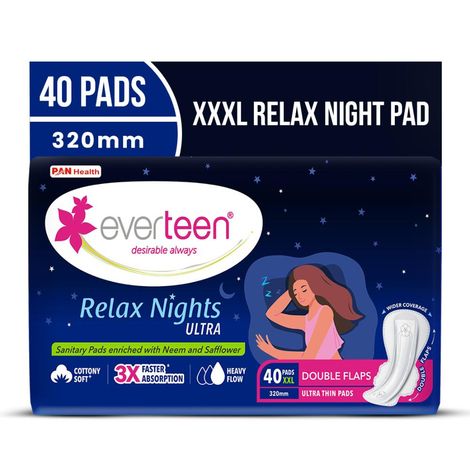 Buy everteen XXL Relax Nights Ultra Thin 40 Sanitary Pads with Neem and Safflower, Menstrual Cramps Roll-On Inside Pack - 1 Pack (40 Pads, 320mm)-Purplle
