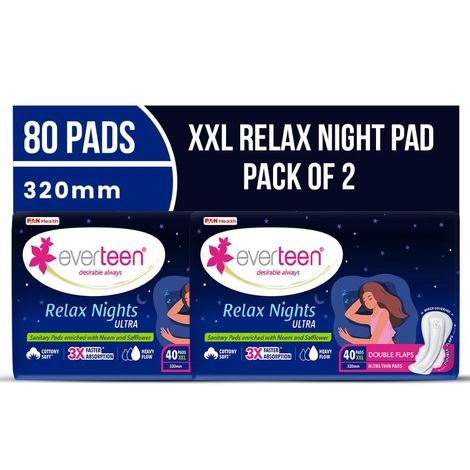 Buy everteen XXL Relax Nights Ultra Thin 40 Sanitary Pads with Neem and Safflower, Menstrual Cramps Roll-On Inside Pack - 2 Packs (40 Pads Each, 320mm)-Purplle