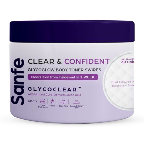 Buy Sanfe Clear & Confident Glycoglow Body Toner Swipes l Healthy skin in 1 Week | Clears Tan, Dark Spots, Odour & Body Acne 60 Dual Side Pads-Purplle