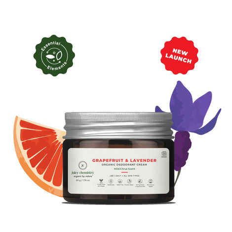 Buy Juicy Chemistry Organic Deodorant Cream with Grapefruit & Lavender, 50 gm | Long Hours Odour Protection | Smooth & Lightweight | Fast Absorbing Formula | Long-lasting Fragrance | Dermatologically Tested-Purplle