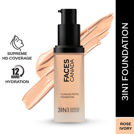 Buy FACES CANADA Flawless Matte Foundation - Rose Ivory 011, 30 ml | 3-in-1 Foundation + Moisturizer + Concealer | 12 HR Hydration + SPF 18 | Full HD Matte Coverage | Lightweight | Anti Ageing-Purplle
