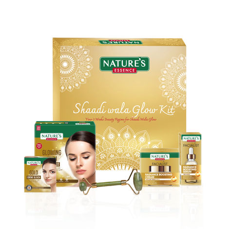 Buy Nature's Essence Shaadi Wala Glow Kit - 3 weeks ritual | Skincare combo for Women | For Radiant glowing Skin |Gold Facial kit, Bleach, Serum, cream & Jade Roller | Suitable for all skin types | Pack of 5, 126g+30ml-Purplle