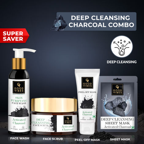 Buy Good Vibes Deep Cleansing Activated Charcoal Combo (Facewash, Scrub, Sheet mask, Peel off mask)-Purplle