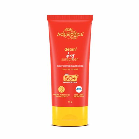 Buy Aqualogica Detan+ Dewy Sunscreen with SPF 50+ & PA++++ for UVA/B & Blue Light Protection & No White Cast - 80g-Purplle