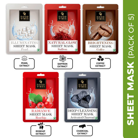 Buy Good Vibes Face Serum Sheet Mask (Pack of 5) (Rosehip Radiant, Saffron Glow, Illuminating Pearl, Brightening Coffee, Deep Cleansing Activated Charcoal) (20g x 5)-Purplle