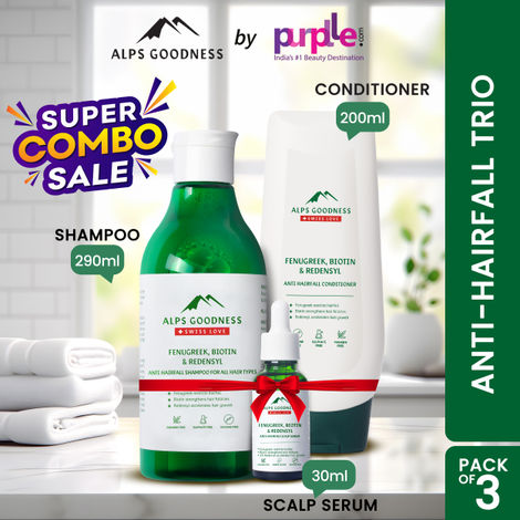 Buy Alps Goodness Anti Hairfall Trio (Pack of 3) | Hairfall control Shampoo, Conditioner & Scalp Serum | Complete Hairloss Treatment (290ml+200ml+30ml)-Purplle