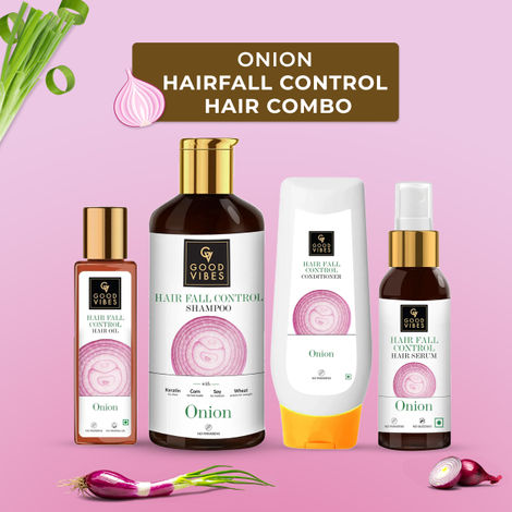 Buy Good Vibes Onion Hairfall Control Combo Kit (Oil, Shampoo, Conditioner, Hair Serum)-Purplle