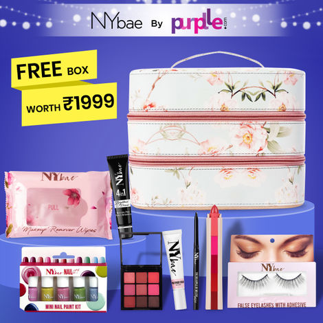 Buy Ny Bae By Purplle - Festive Glow Kit | Strobe Cream | Kajal | Primer | Nail Paint Kit | Makeup Remover | Eyeshadow | Lipstick | Free Make Up Box | Gift Set-Purplle