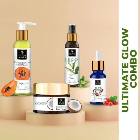 Buy Good Vibes Ultimate Glow Combo Kit (Papaya Face Wash (200ml), Rosehip Serum (10ml), Green Tea Toner (200ml), Coconut Cream (50g)-Purplle