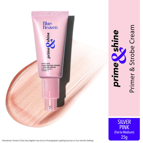 Buy Blue Heaven Prime & Shine Flawless Illuminating Primer + Strobe Cream | Primer + Highlighter + Moisturiser |Infused with Vitamin C and Niacinamide for naturally glowing skin, Silver Pink, 25 gm-Purplle
