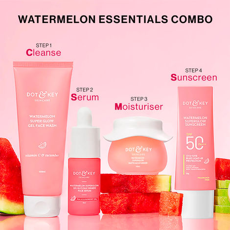 Buy Dot & Key Watermelon Essentials CSMS Combo: Face Wash (100 ml) + Serum(20 ml) + Moisturizer (60 ml) + Sunscreen (50 gm)-Purplle