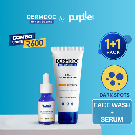 Buy DERMDOC Combo Kit for Spotless Complexion | benzoyl peroxide face wash | tranexamic acid serum | face wash for oily skin, acne | serum for acne scars, hyperpigmentation | dullness, pimples | for all skin types-Purplle