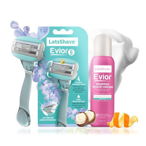 Buy LetsShave Evior 6 Body Razor Trial Kit for Sensitive Skin - Twin Three Blade Design Razor + Women Whipped shave cream- 150 g-Purplle