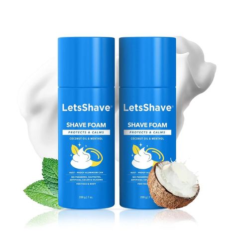 Buy LetsShave Shave Foam Sensitive Skin Protection with Coconut Oil and Menthol, Paraben and Sulphate Free | Rust-Proof Aluminium Bottle - 200 gram Each, Pack of 2 (2-Count)-Purplle