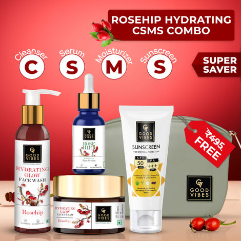 Buy Good Vibes Rosehip Hydrating CSMS Combo (Facewash + Serum + Moisturizer + Sunscreen) (Free Pouch)-Purplle