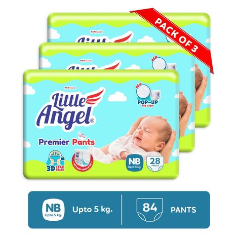 Buy Little Angel Premier Pants Baby Diapers, New Born (NB) Size, 84 Count, Combo Pack of 3, 28 Count/Pack with Wetness indicator, up to 5 Kg-Purplle