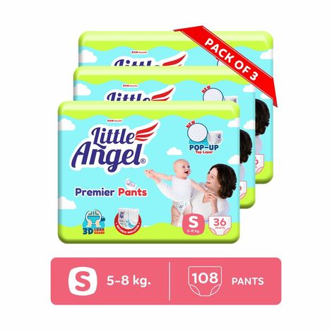 Buy Little Angel Premier Pants Baby Diapers, Small (S) Size, 108 Count, Combo Pack of 3, 36 Count/pack with Wetness Indicator, 5-8 Kg-Purplle