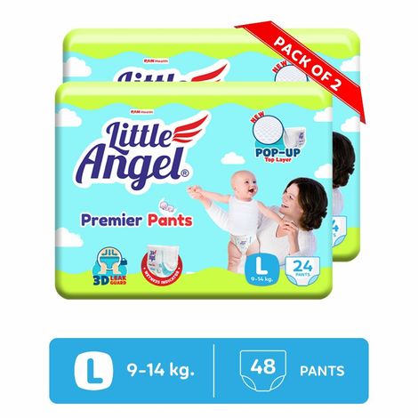 Buy Little Angel Premier Pants Baby Diapers, Large (L) Size, 48 Count, Combo Pack of 2, 24 Count/pack with Wetness Indicator, 9-14 Kg-Purplle