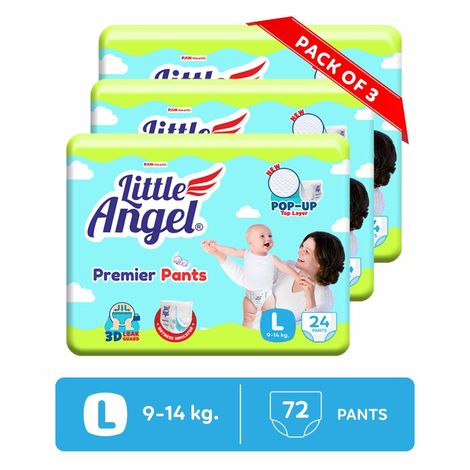 Buy Little Angel Premier Pants Baby Diapers, Large (L) Size, 72 Count, Combo Pack of 3, 24 Count/pack with Wetness Indicator, 9-14 Kg-Purplle