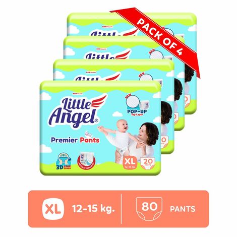 Buy Little Angel Premier Pants Baby Diapers, Extra Large (XL) Size, 80 Count, Combo Pack of 4, 20 Count/pack with Wetness Indicator, 12-15 Kg-Purplle