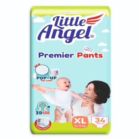 Buy Little Angel Premier Pants Baby Diapers, Extra Large (XL) Size, 34 Count with Wetness Indicator, 12-15 Kg-Purplle