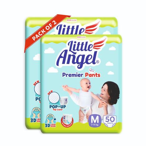 Buy Little Angel Premier Pants Baby Diapers, Medium (M) Size, 100 Count, Combo Pack of 2, 50 Count/pack with Wetness Indicator, 7-11 Kg-Purplle