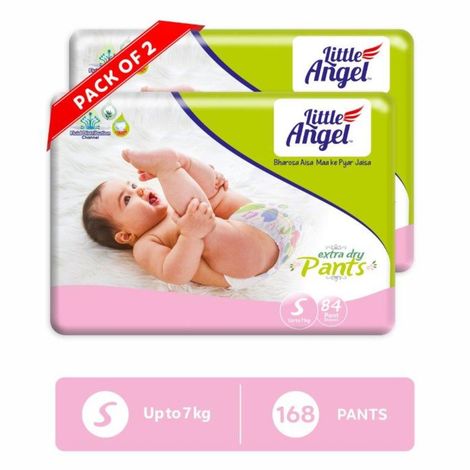 Buy Little Angel Extra Dry Pants Baby Diapers, Small (S) Size 168 Count, Combo Pack of 2, 84 Count/Pack with Wetness Indicator, upto 7kg each-Purplle