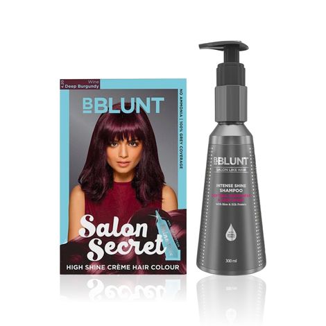 Buy BBLUNT Salon Secret High Shine Creme Hair Colour - Wine Deep Burgundy 4.20. No Ammonia ( 100 g+8 ml)+BBLUNT Intense Shine Shampoo with Rice & Silk Protein for 23X* Shinier Hair - 300 ml-Purplle