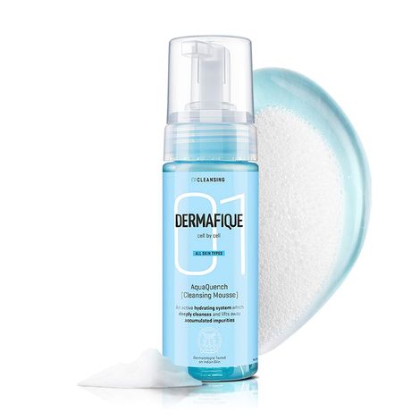Buy Dermafique AquaQuench Foaming Mousse a€“ 150 ml, Powered with Micro Water Droplets that Hydrates Skin, Enriched with Pro Vitamin E & Vitamin B5-Purplle