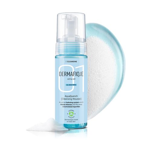 Buy Dermafique AquaQuench Foaming Mousse a€“ 150 ml, Powered with Micro Water Droplets that Hydrates Skin, Enriched with Pro Vitamin E & Vitamin B5-Purplle