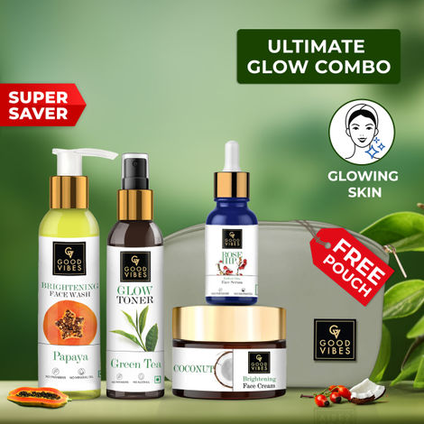 Buy Good Vibes Ultimate Glow Combo Kit (Papaya Face Wash, Rosehip Serum, Green Tea Toner, Coconut Cream) (Free Pouch)-Purplle