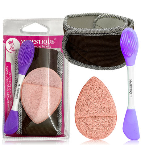 Buy Majestique Facial Head Band, Dual Sided Silicone Brush with Makeup Remover Sponge - Color May Vary-Purplle