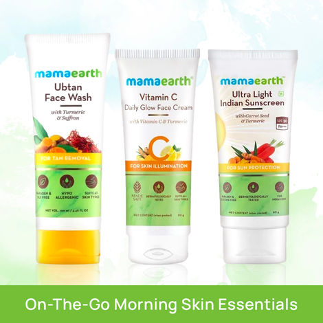 Buy Mamaearth on-the-go Morning Skin Essentials (Ubtan Facewash (100 ml)+ Vitamin C Face Cream (80 gm) + Ultra Light Sunscreen(80 ml))-Purplle