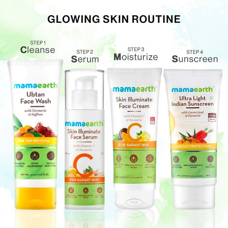 Buy Mamaearth Glowing Skin CSMS Routine : Ubtan Face Wash (100 ml) + Skin Illuminate Face Serum (15 gm) + Skin Illuminate Face Cream (80 gm) + Ultra Light Sunscreen (80 ml)-Purplle