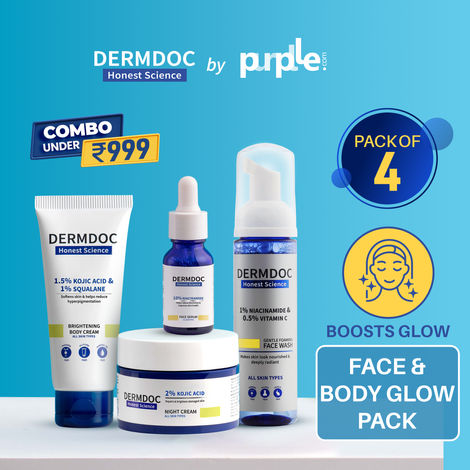 Buy DERMDOC Combo Kit for Face & Body Glow | niacinamide serum, brightening face wash, brightening body cream, kojic acid night cream | pack of 4 | festive glow kit-Purplle